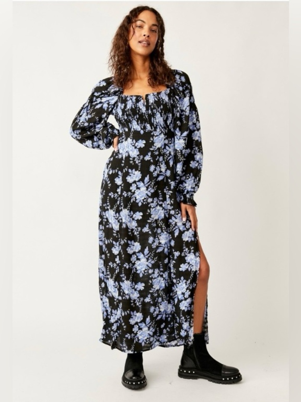 Free People Jaymes Midi Dress XS Black Floral Smocked Boho Long Sleeve